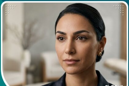 صورة سينمائية لامرأة بعد عملية رفع الحواجب الكات آيز في تركيا، تظهر عيون لوزية مشدودة ونظرة جذابة.