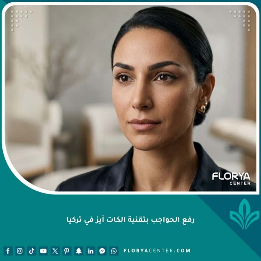 صورة سينمائية لامرأة بعد عملية رفع الحواجب الكات آيز في تركيا، تظهر عيون لوزية مشدودة ونظرة جذابة.