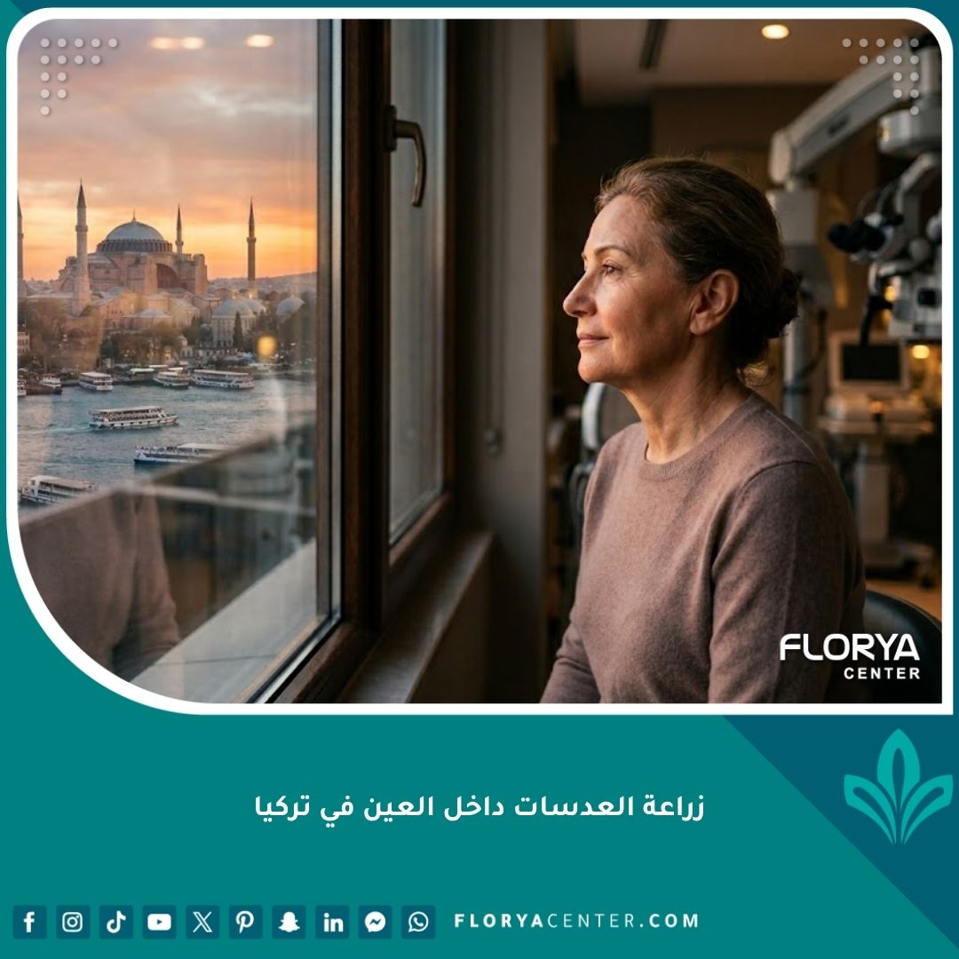 زراعة العدسات داخل العين في تركيا: مريض ينظر إلى آيا صوفيا في إسطنبول من داخل عيادة عيون حديثة، ترمز لاستعادة وضوح الرؤية عبر السياحة العلاجية.