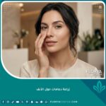 امرأة جميلة تتمتع بوجه متناسق وجذاب بعد عملية زراعة دعامات حول الأنف لعلاج الخفسة العميقة وخطوط الابتسامة.