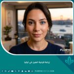 صورة سينمائية قريبة لامرأة تظهر نتيجة زراعة قزحية العين التجميلية بتغيير اللون من البني إلى الأزرق في عيادة فاخرة في تركيا.