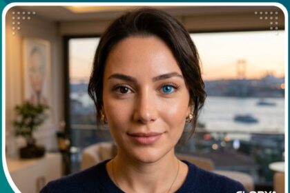 صورة سينمائية قريبة لامرأة تظهر نتيجة زراعة قزحية العين التجميلية بتغيير اللون من البني إلى الأزرق في عيادة فاخرة في تركيا.