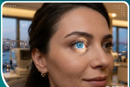 صورة سينمائية قريبة لعين مريض بعد نجاح عملية زراعة القزحية الاصطناعية في تركيا، تظهر تفاصيل القزحية الجديدة واللمعان الطبيعي.