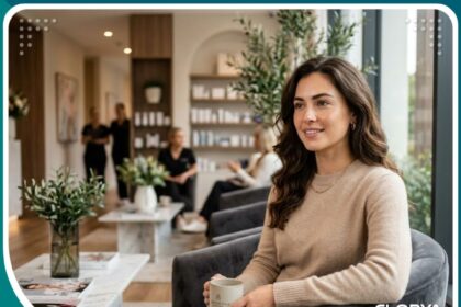 صورة واقعية لامرأة ذات جبهة متناسقة وخط شعر طبيعي داخل عيادة تجميل فخمة، تعبر عن نجاح عملية تصغير الجبهة في تركيا.