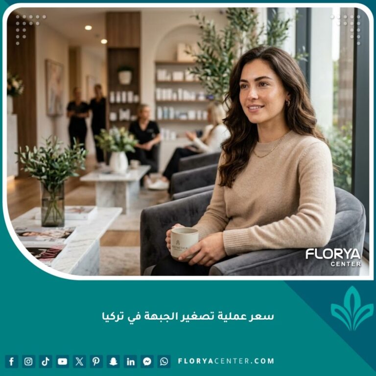 صورة واقعية لامرأة ذات جبهة متناسقة وخط شعر طبيعي داخل عيادة تجميل فخمة، تعبر عن نجاح عملية تصغير الجبهة في تركيا.