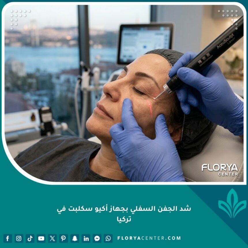 إجراء عملية شد الجفن السفلي بجهاز أكيو سكلبت الليزر الدقيق في عيادة تجميل في تركيا لإزالة الهالات وأكياس الدهون.