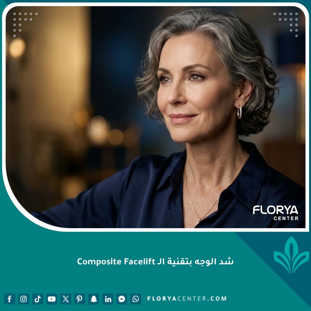 نتيجة طبيعية جداً لشد الوجه الكامل بتقنية الـ Composite Facelift لسيدة في الخمسينات بملامح شابة وناعمة وبدون آثار جراحية ظاهرة.