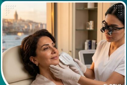 جلسة علاج ترهل الخدود بجهاز الهايفو في عيادة تجميل راقية في إسطنبول تركيا لإعادة شد الوجه بدون جراحة.
