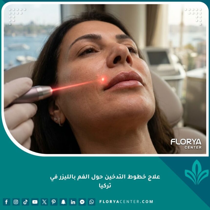 صورة سينمائية مقربة تظهر سيدة تخضع لعلاج خطوط التدخين حول الفم بالليزر في عيادة تجميل راقية في تركيا، مع بشرة مشدودة وناعمة فوق الشفة العليا.