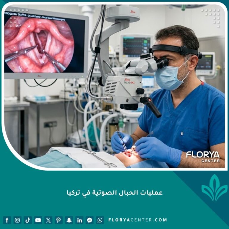 طبيب تركي متخصص يجري جراحة مجهرية دقيقة للحبال الصوتية في غرف عمليات حديثة في إسطنبول، مما يبرز كفاءة المراكز التركية.
