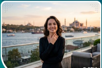 امرأة واثقة تبتسم وتنظر إلى مضيق البوسفور في اسطنبول بعد إجراء عملية تجميل الصوت في تركيا، تعكس النجاح والجمال.