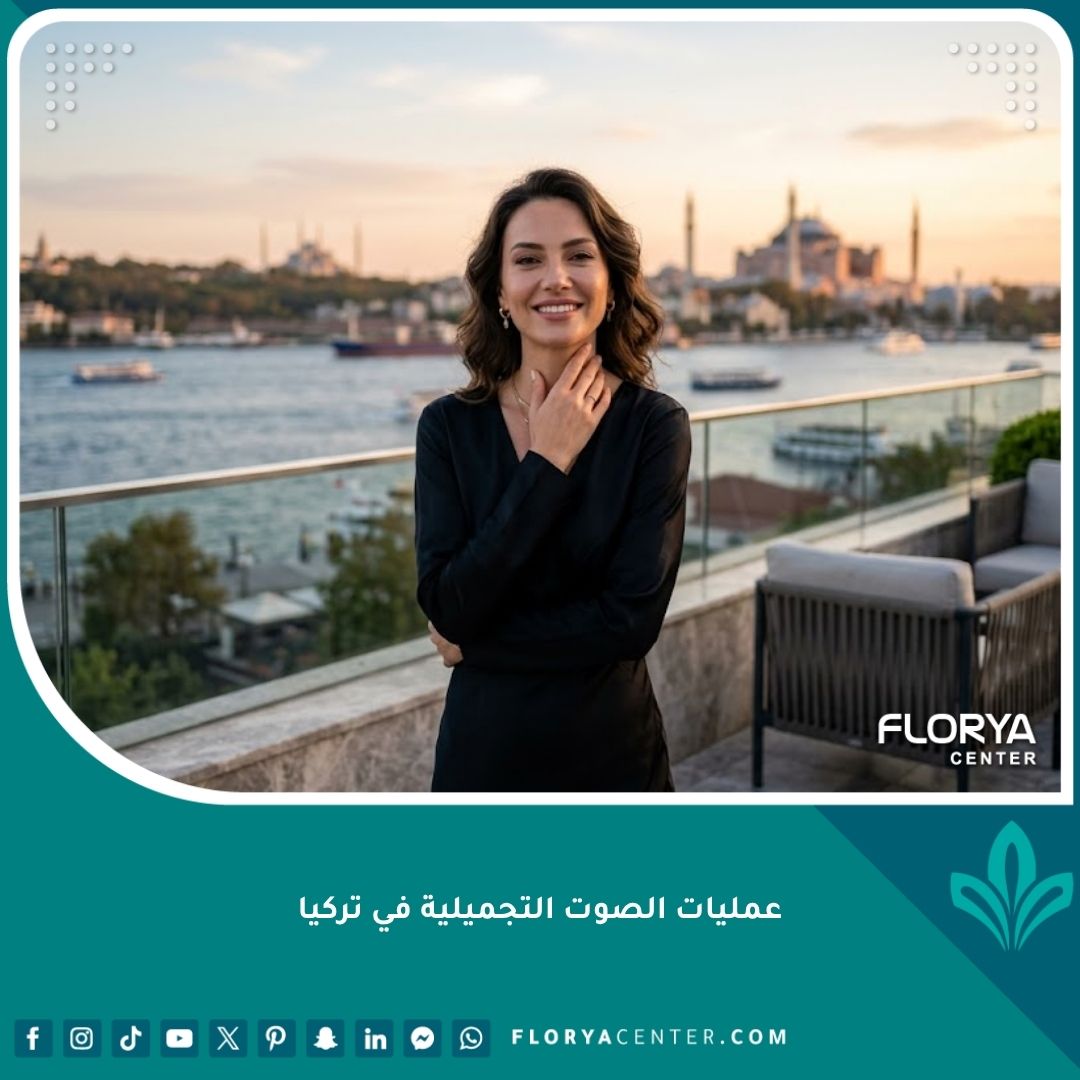 امرأة واثقة تبتسم وتنظر إلى مضيق البوسفور في اسطنبول بعد إجراء عملية تجميل الصوت في تركيا، تعكس النجاح والجمال.