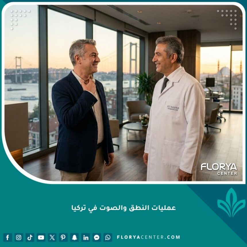 مريض يتحدث بثقة مع طبيب بعد إجراء عملية ناجحة لتحسين الصوت في عيادة بتركيا ويظهر مضيق البوسفور في الخلفية.