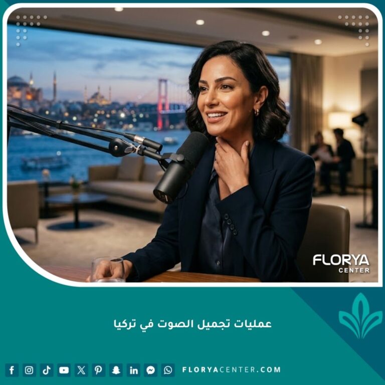 امرأة عربية تتحدث بثقة في ميكروفون احترافي بعد عملية تجميل الصوت في تركيا، تظهر النتيجة الإيجابية لعمليات تحسين الصوت.