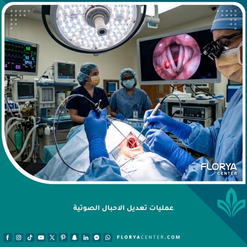 جراحة تعديل الاحبال الصوتية الدقيقة باستخدام الليزر والمنظار في غرفة عمليات حديثة لتغيير نبرة الصوت