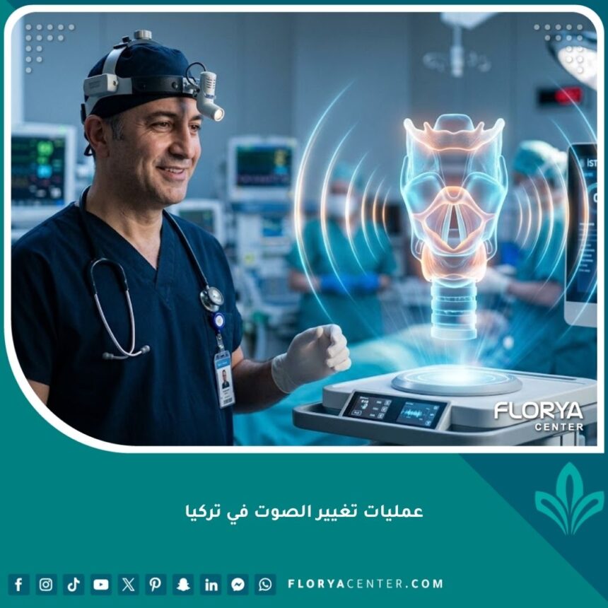 عمليات تغيير الصوت في تركيا 1 طبيب متخصص في جراحات الصوت في تركيا يقف بجوار مجسم هولوغرامي للأحبال الصوتية، يمثل عمليات تغيير الصوت.