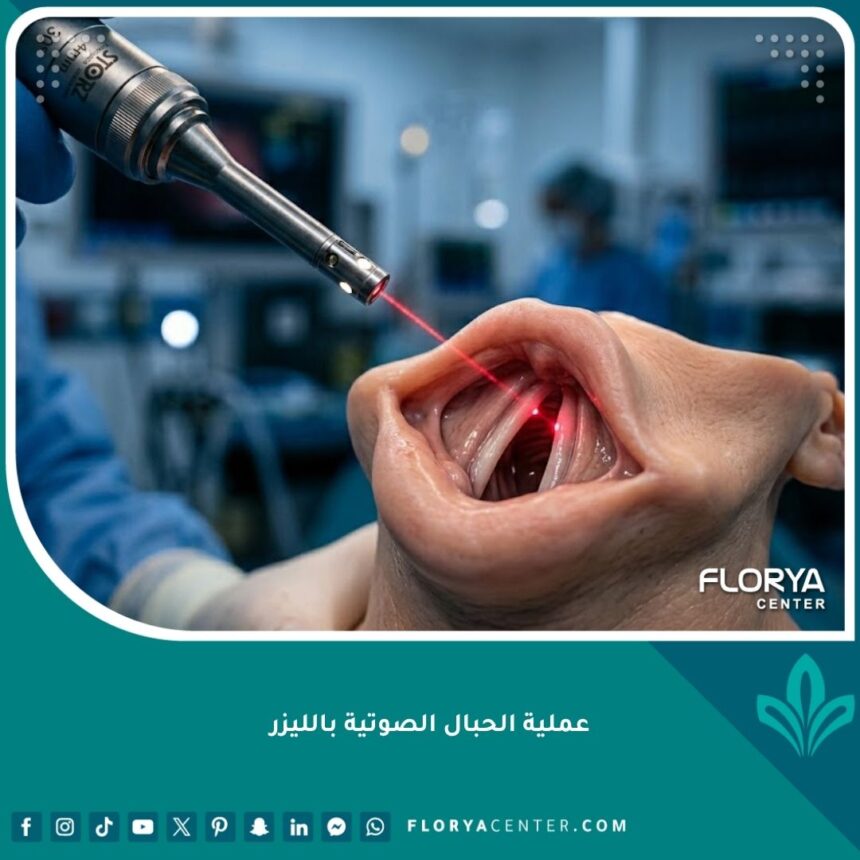 صورة سينمائية قريبة عالية الدقة توضح دقة استخدام تقنية الليزر الحديثة في جراحة الحبال الصوتية الدقيقة داخل غرفة عمليات مجهزة بالكامل.