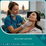 طبيبة تفحص رقبة مريضة في عيادة بتركيا قبل عملية تجميل الصوت