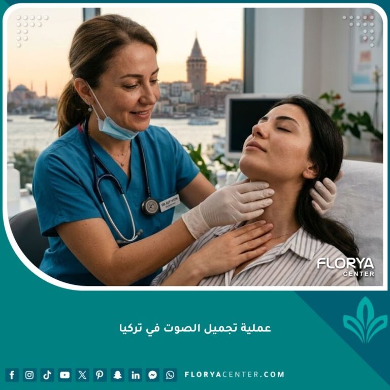 طبيبة تفحص رقبة مريضة في عيادة بتركيا قبل عملية تجميل الصوت