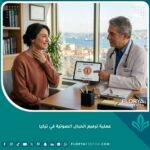 مريضة مبتسمة تستشير طبيب حنجرة متخصص في اسطنبول حول نتائج عملية ترميم الحبال الصوتية الناجحة لاستعادة الصوت.