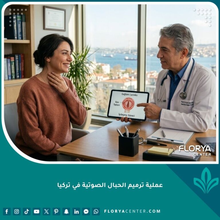 مريضة مبتسمة تستشير طبيب حنجرة متخصص في اسطنبول حول نتائج عملية ترميم الحبال الصوتية الناجحة لاستعادة الصوت.