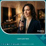 امرأة أنيقة تتحدث بميكروفون مع موجات صوتية ناعمة تخرج من حنجرتها، ترمز لنتائج عملية تنعيم الصوت الناجحة للحصول على صوت أنثوي.