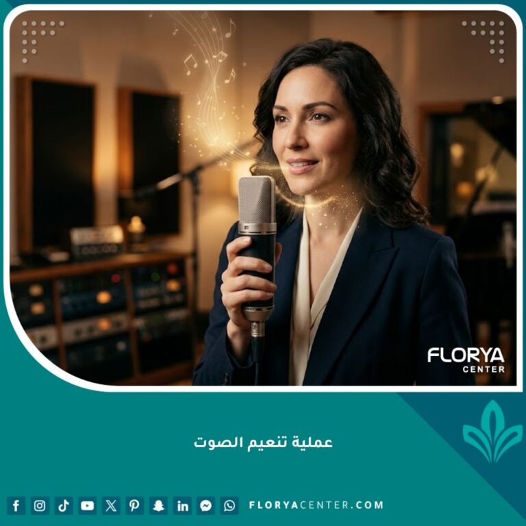 امرأة أنيقة تتحدث بميكروفون مع موجات صوتية ناعمة تخرج من حنجرتها، ترمز لنتائج عملية تنعيم الصوت الناجحة للحصول على صوت أنثوي.