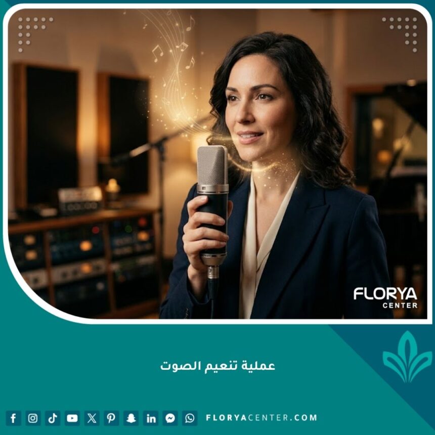 امرأة أنيقة تتحدث بميكروفون مع موجات صوتية ناعمة تخرج من حنجرتها، ترمز لنتائج عملية تنعيم الصوت الناجحة للحصول على صوت أنثوي.