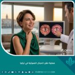 طبيب أنف وأذن وحنجرة في تركيا يطلع مريضة على نتائج عملية حقن الحبال الصوتية الناجحة لعلاج البحة، ويظهر في الخلفية مضيق البوسفور.