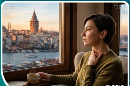 صورة سينمائية لفترة النقاهة بعد جراحة الصوت، شخص يجلس بهدوء وينظر إلى مضيق البوسفور.