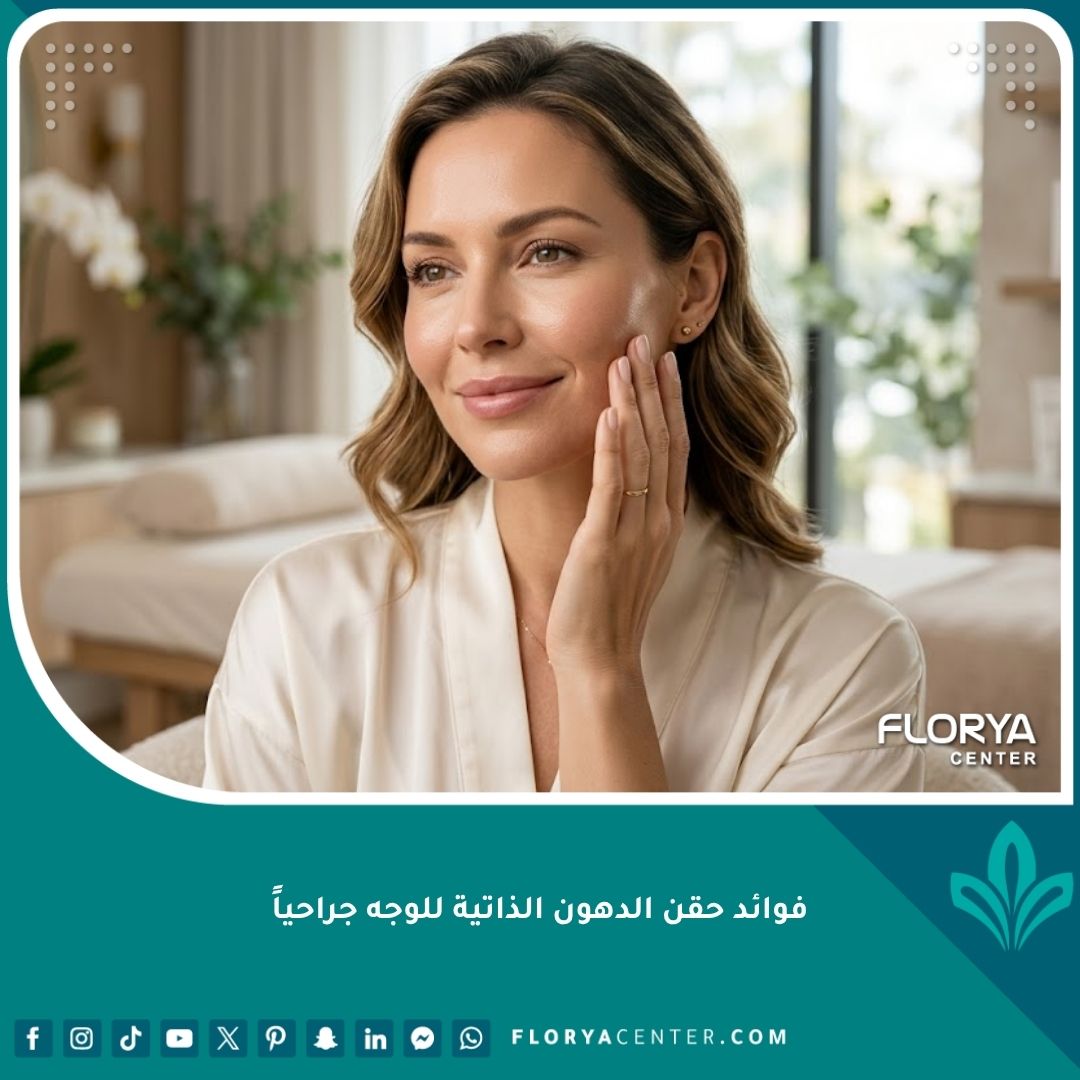 صورة واقعية لامرأة تتمتع ببشرة نضرة وممتلئة، تعكس أبرز فوائد حقن الدهون الذاتية للوجه جراحياً في استعادة الشباب.
