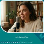 صورة سينمائية لامرأة تتحدث بصوت ناعم ومريح أمام ميكروفون في بيئة منزلية دافئة.