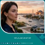 صورة سينمائية لامرأة ذات عيون زرقاء تنظر إلى أفق إسطنبول، ترمز لرحلة تغيير لون العين في تركيا.