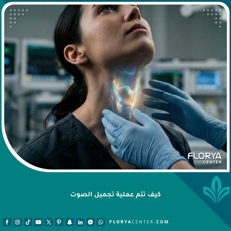 لقطة سينمائية قريبة لرقبة امرأة تظهر منطقة الحنجرة وهي تشع بنور خافت، ترمز لعملية تجميل الصوت بدقة واحترافية طبية في غرفة عمليات حديثة.
