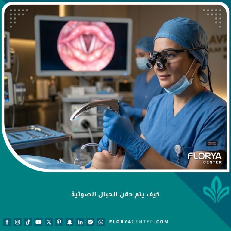 طبيبة أنف وأذن وحنجرة متخصصة تستعد لإجراء عملية حقن الحبال الصوتية في عيادة حديثة ومتطورة في تركيا.