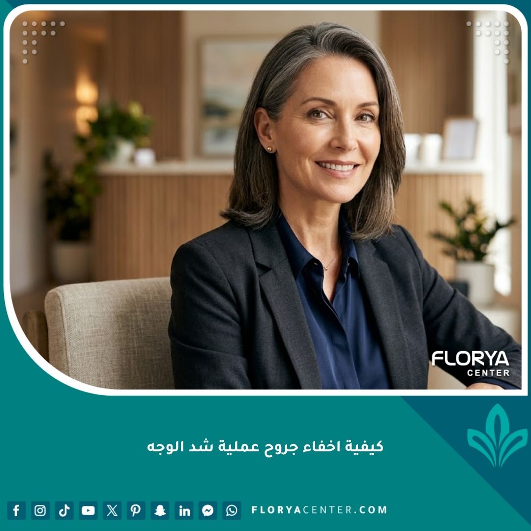 امرأة واثقة بملامح طبيعية بعد عملية شد الوجه توضح اختفاء الجروح والندبات تماماً.