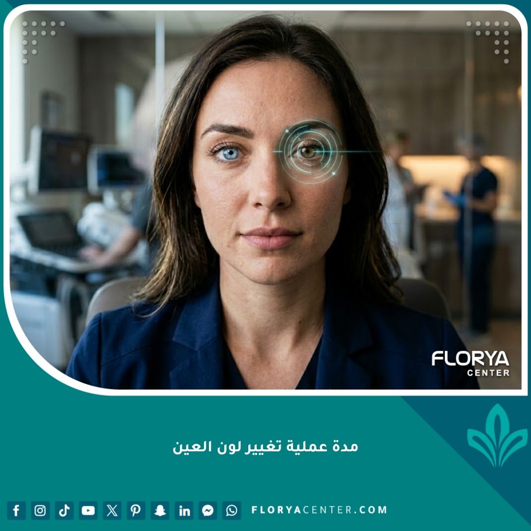 صورة سينمائية لامرأة تخضع لتقنية تغيير لون العين بالليزر، تظهر عين زرقاء وأخرى عسلية مع وميض ليزر دقيق، مما يوحي بالسرعة والدقة.