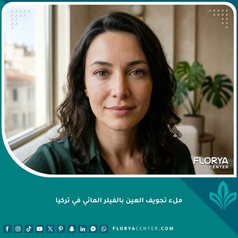 مخطط طبي يوضح تشريح تجويف العين ومنطقة حقن الفيلر المائي الخفيف لعلاج غؤور العين.