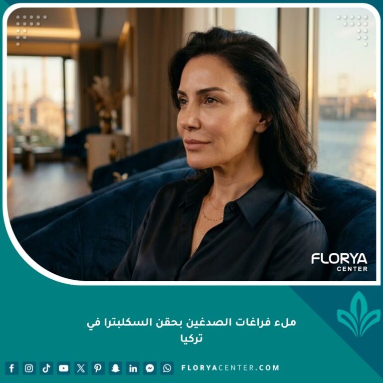 صورة سينمائية لامرأة ذات مظهر شاب بعد علاج حقن السكلبترا لتعبئة فراغات الصدغين في عيادة تجميل فاخرة في إسطنبول.