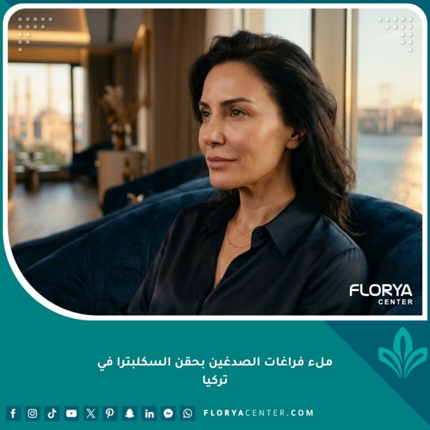 صورة سينمائية لامرأة ذات مظهر شاب بعد علاج حقن السكلبترا لتعبئة فراغات الصدغين في عيادة تجميل فاخرة في إسطنبول.