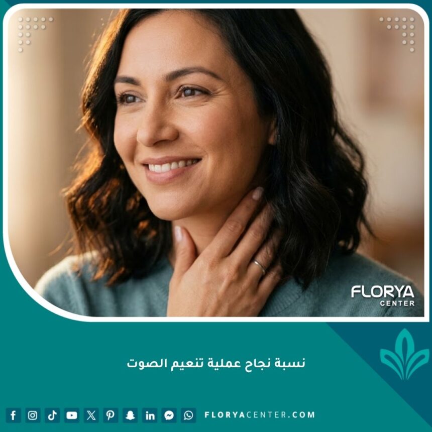 نسبة نجاح عملية تنعيم الصوت 1 سيدة تبتسم بثقة وتلمس حنجرتها برفق بعد نجاح عملية تنعيم الصوت، ترمز للأمل والنتيجة الطبيعية.
