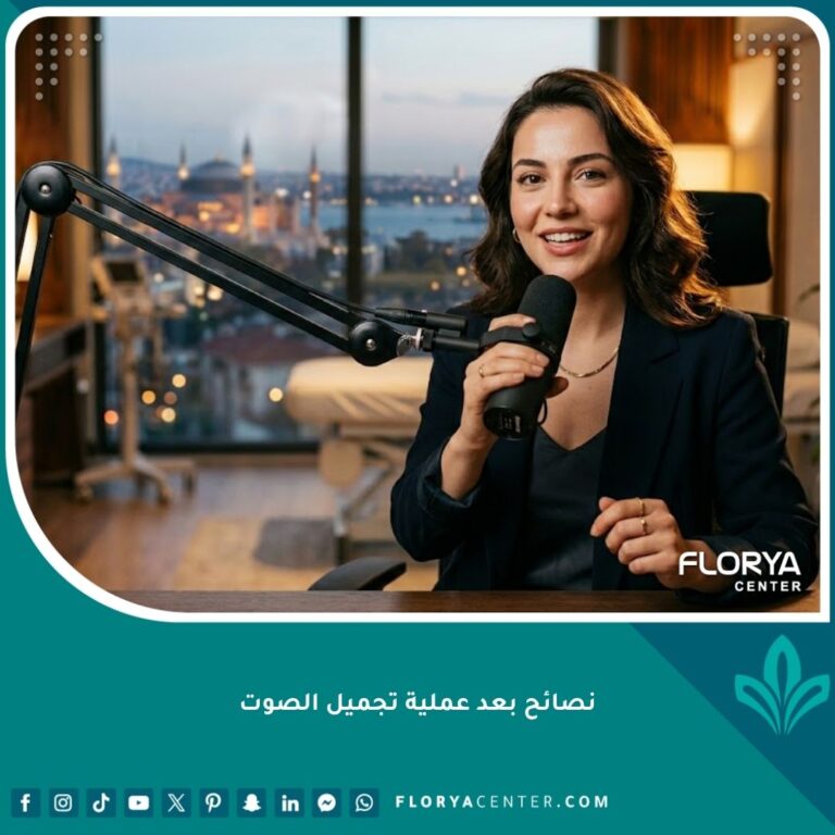 صورة مميزة تظهر امرأة تتحدث بثقة ووضوح تام بعد نجاح عملية تجميل الصوت، مع خلفية ناعمة لعيادة فاخرة تطل على اسطنبول، تبرز نتائج بروتوكول العناية الصارم.