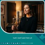 امرأة تتحدث بثقة بعد عملية تجميل الصوت في بيئة احترافية وآمنة.