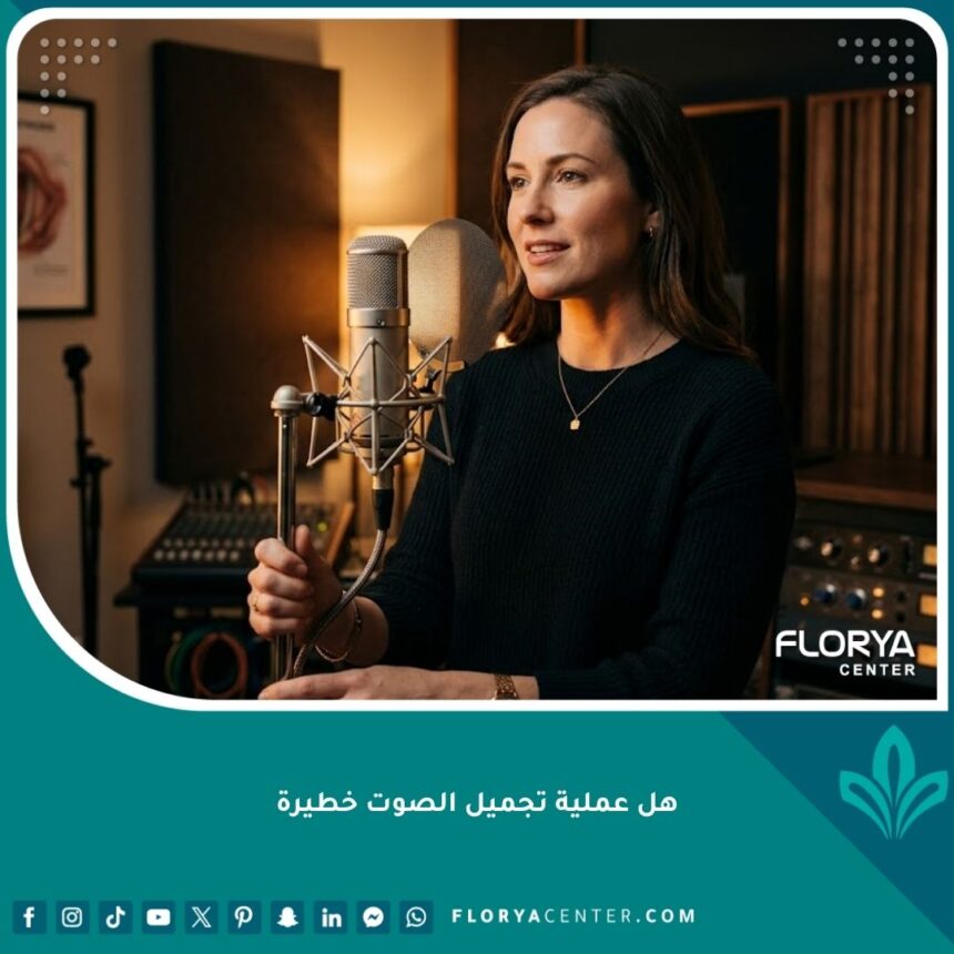 امرأة تتحدث بثقة بعد عملية تجميل الصوت في بيئة احترافية وآمنة.
