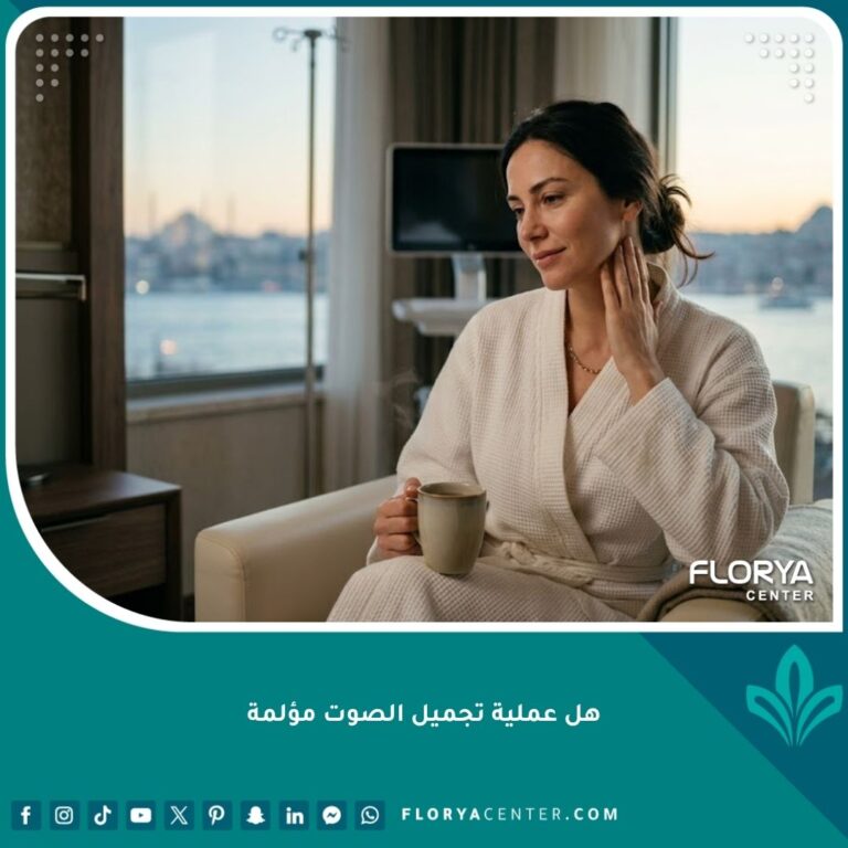امرأة تتعافى بسلام بعد عملية تجميل الصوت في اسطنبول في غرفة فندقية، تظهر بدون ألم وتنظر للخارج، مما يشير إلى فترة نقاهة سهلة.