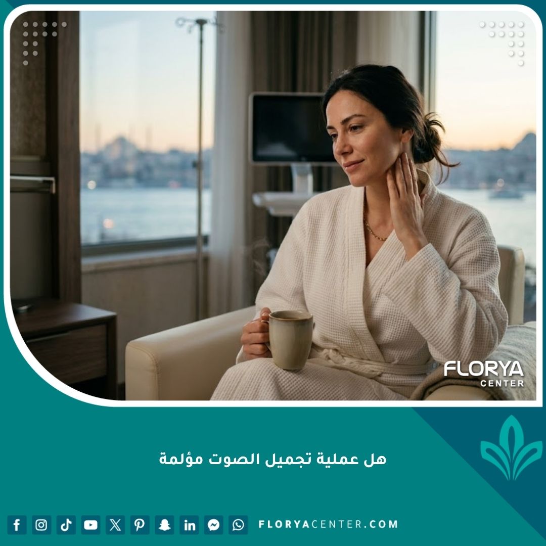 امرأة تتعافى بسلام بعد عملية تجميل الصوت في اسطنبول في غرفة فندقية، تظهر بدون ألم وتنظر للخارج، مما يشير إلى فترة نقاهة سهلة.