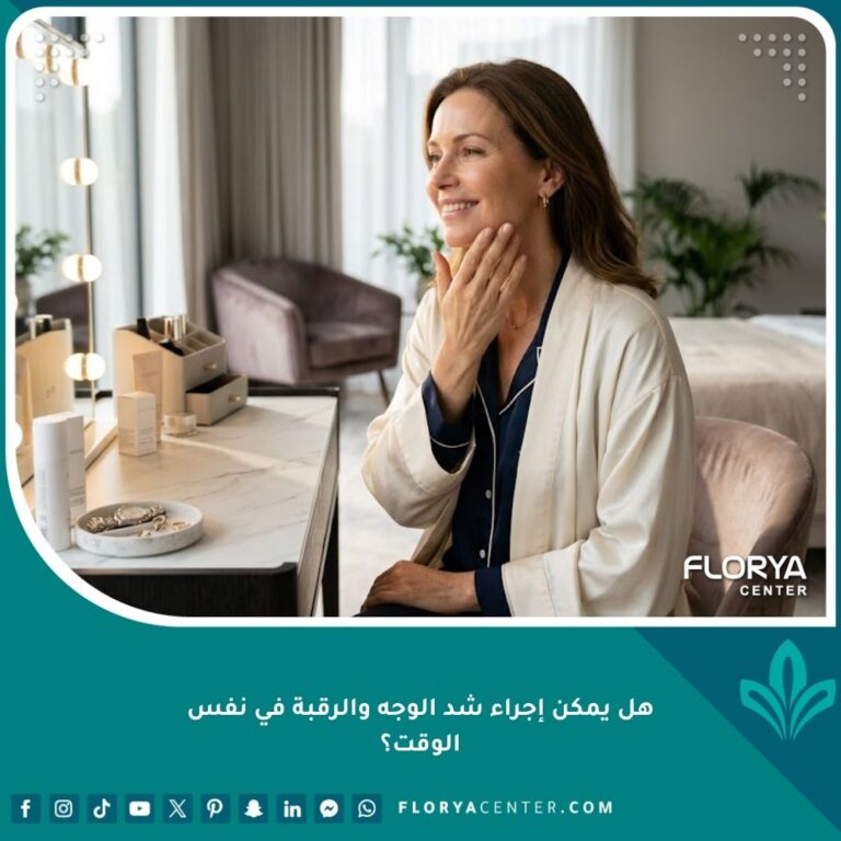 امرأة أنيقة تتمتع بملامح شابة وجذابة بعد إجراء عملية شد الوجه والرقبة في نفس الوقت.