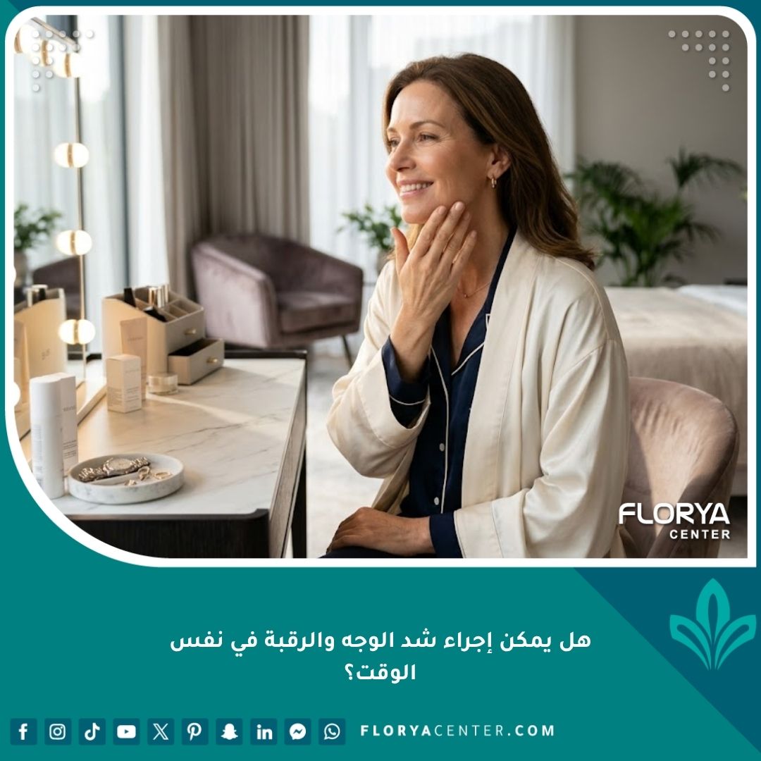 امرأة أنيقة تتمتع بملامح شابة وجذابة بعد إجراء عملية شد الوجه والرقبة في نفس الوقت.