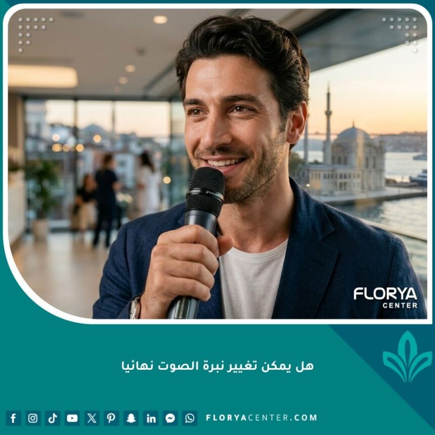 رجل واثق يمسك ميكروفون، يرمز لتغيير نبرة الصوت الدائم بعد الجراحة في اسطنبول.