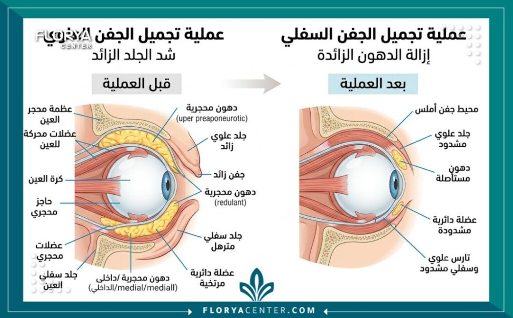  رسم بياني طبي يوضح تشريح العين قبل وبعد عملية شد الجفون (عملية تجميل الجفن)، مع شرح إزالة الجلد والدهون الزائدة باللغة العربية.
